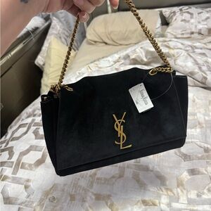 Yves Saint Laurent Black Suede Shoulder Bag with Gold Chain REVERSIBLE